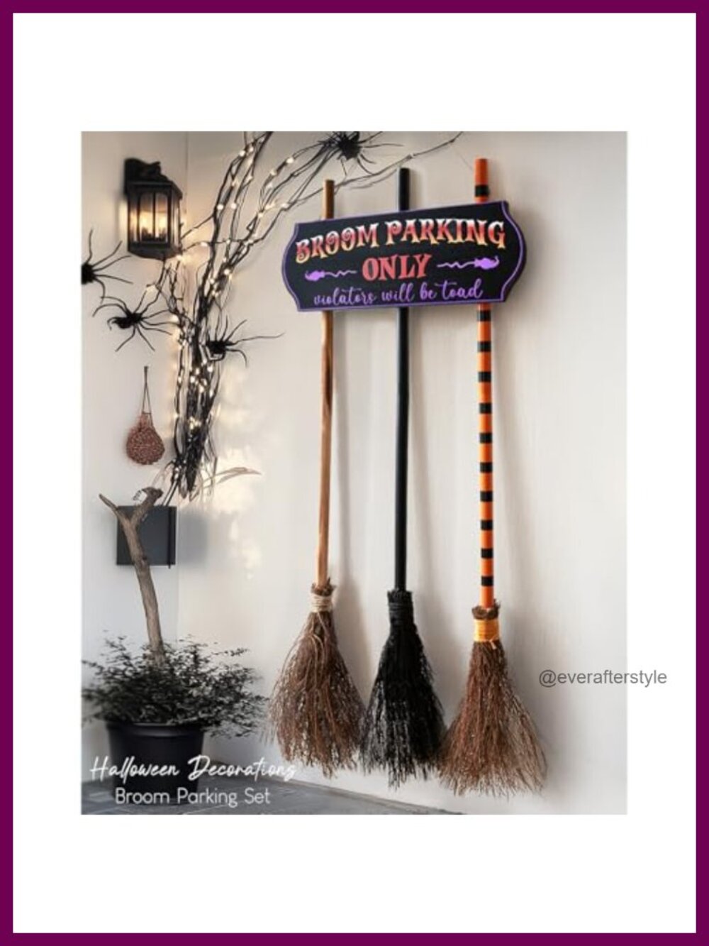 Halloween Broom Parking Sign with 3 Wooden Witches Brooms Decor Set